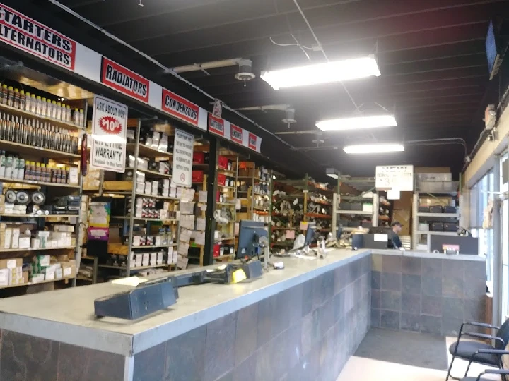 Auto parts store interior with organized displays.