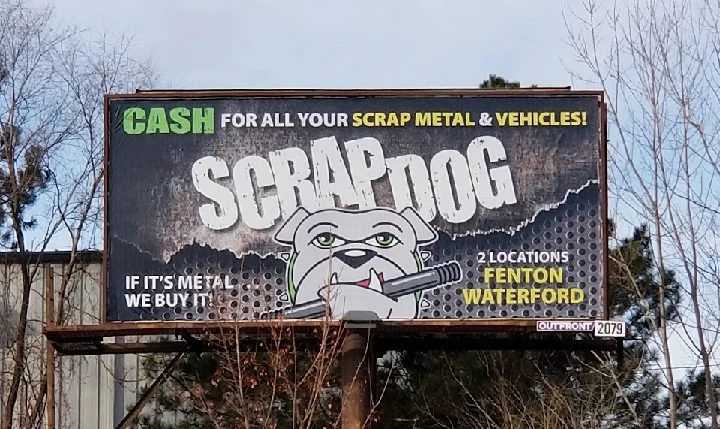 Billboard for Scrap Dog Recycling and Salvage services.