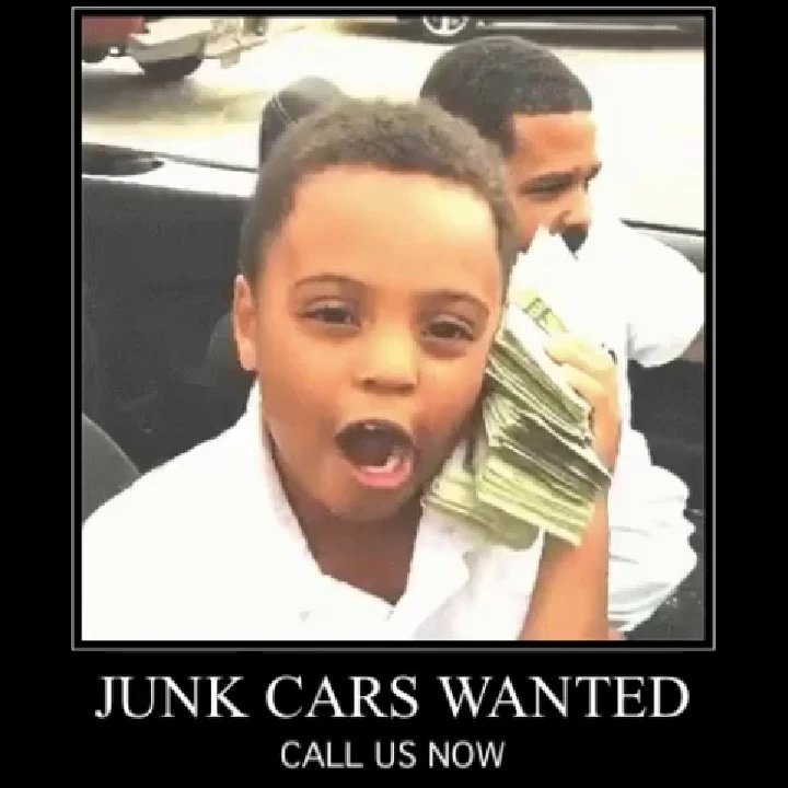 Boy holding cash with text JUNK CARS WANTED below.