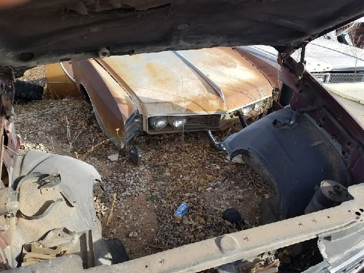 Classic car partially hidden in salvage yard.