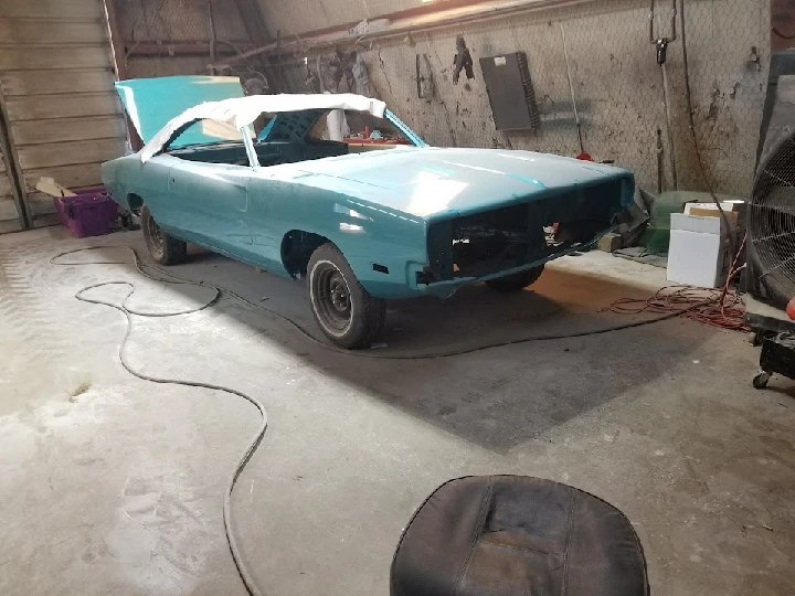 Classic car in restoration at Shady Nook Auto Parts.