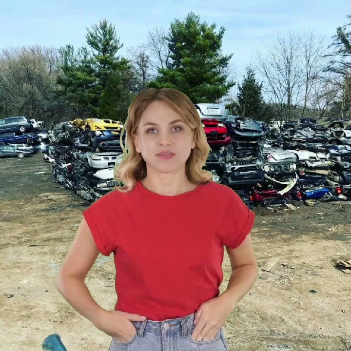 Person in front of a junkyard with stacked cars.