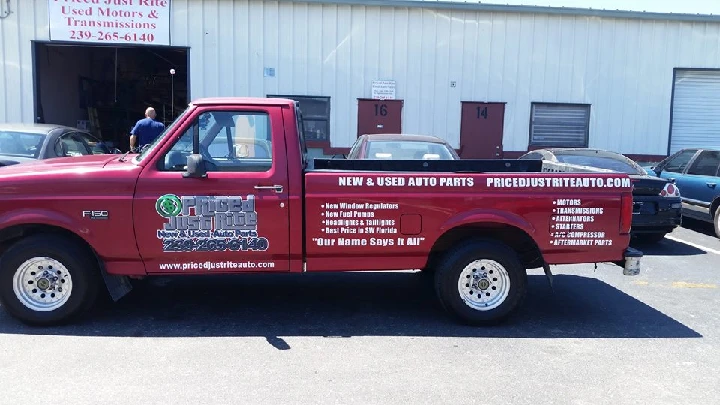 Red pickup truck for Priced Just Rite Inc. auto parts.