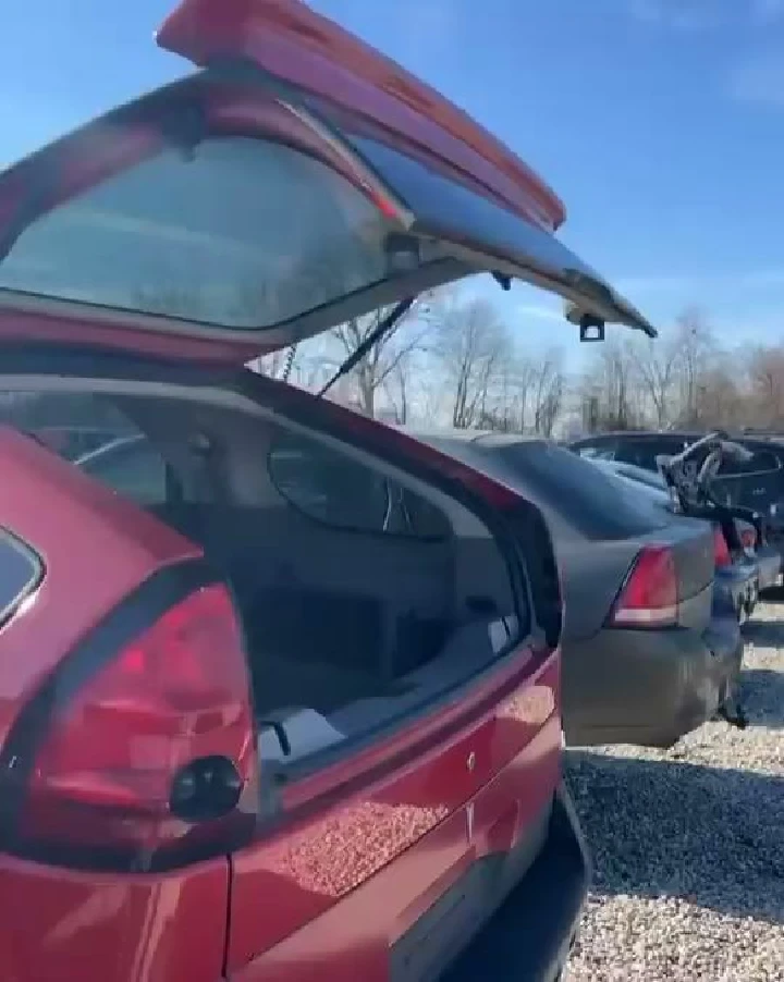 Row of parked cars with open hatchback trunk.