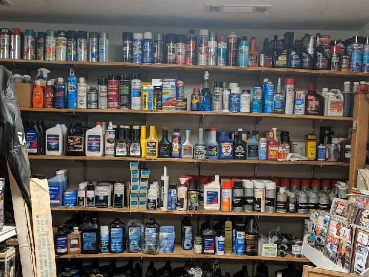 Shelves stocked with various automotive products.