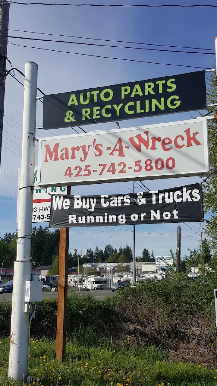 Sign for Mary's-A-Wreck Auto Parts and Recycling.