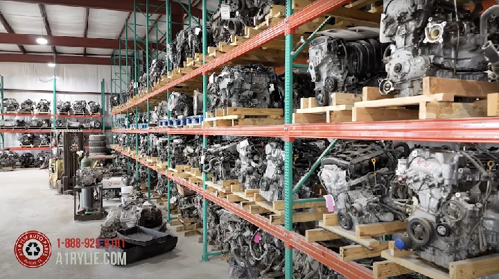 Auto parts warehouse filled with engine assemblies.