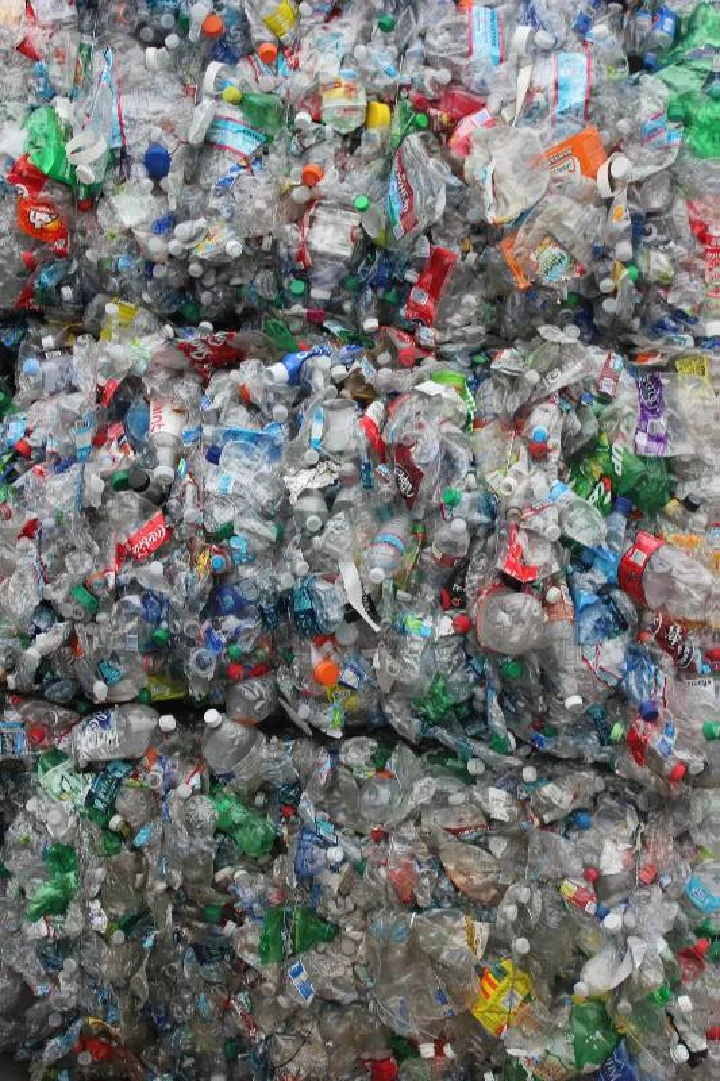 Baled plastic bottles ready for recycling.