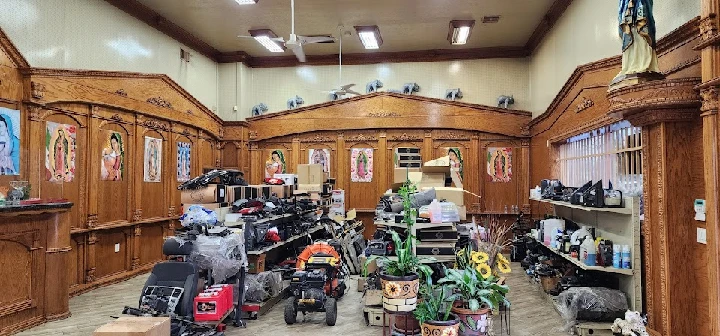 Cluttered interior of Texmex Auto Salvage shop.