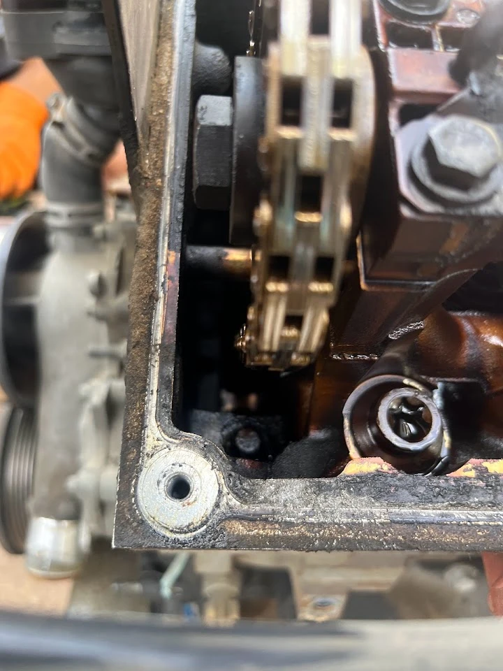 Engine component close-up showing chain and gears.