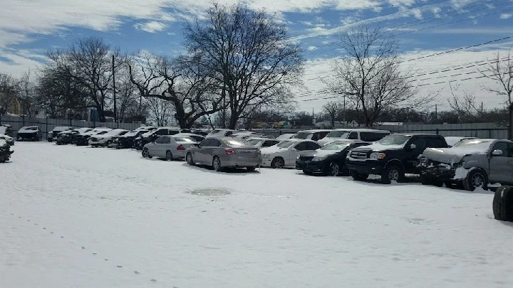 Snow-covered auto salvage yard with parked vehicles.