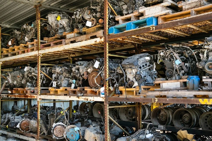 Warehouse filled with various auto parts and engines.