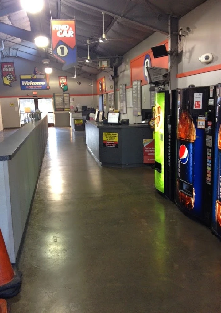 Clean interior of Pull-A-Part with vending machines.