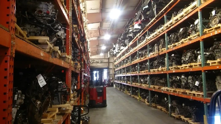 Aisle of auto parts in a warehouse.