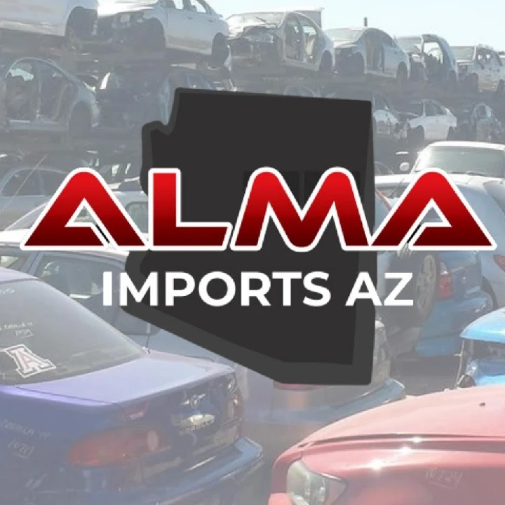 Alma Imports AZ logo with junk cars background.