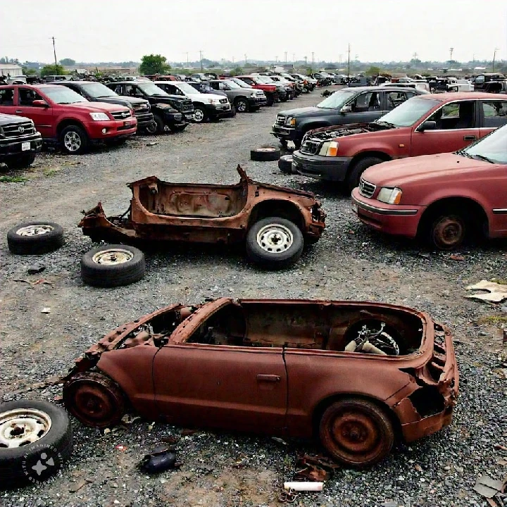 Auto wrecking yard with rusted car shells.