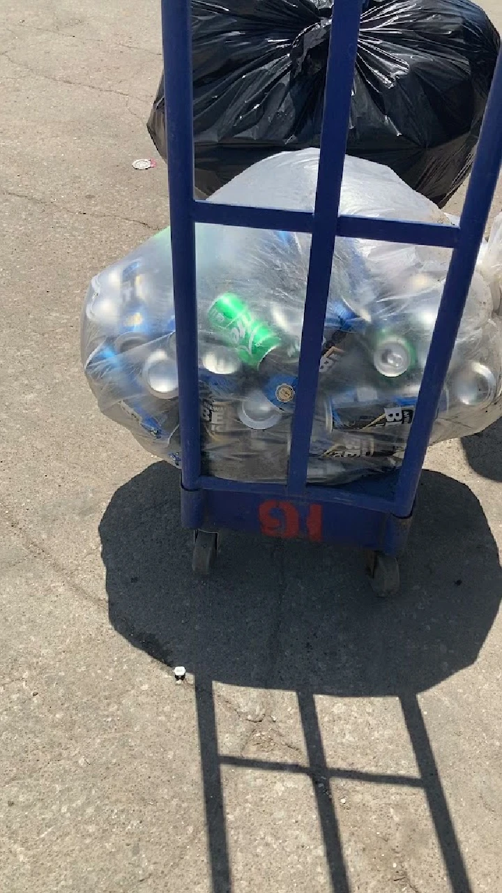 Cart loaded with bags of recyclable cans.