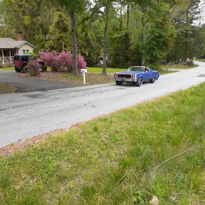 Classic car driving on a scenic residential street.