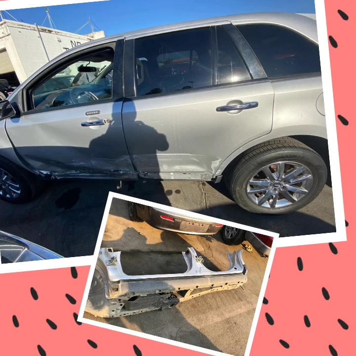 Damaged silver vehicle and auto parts displayed.