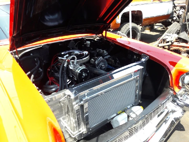 Engine view of a classic Chevy truck.