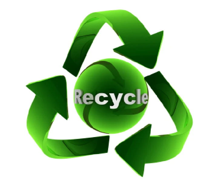 Green recycling symbol with the word Recycle.