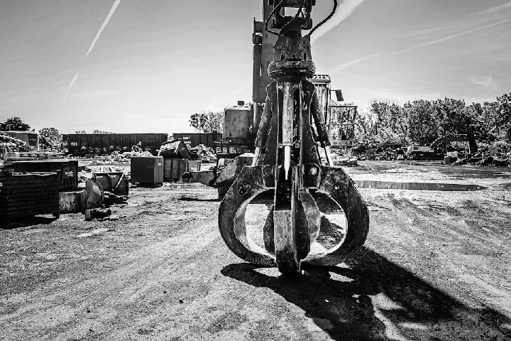 Heavy machinery claw in an auto parts yard.