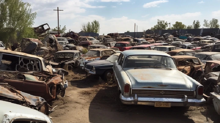 Junkyard filled with abandoned cars and vehicles.