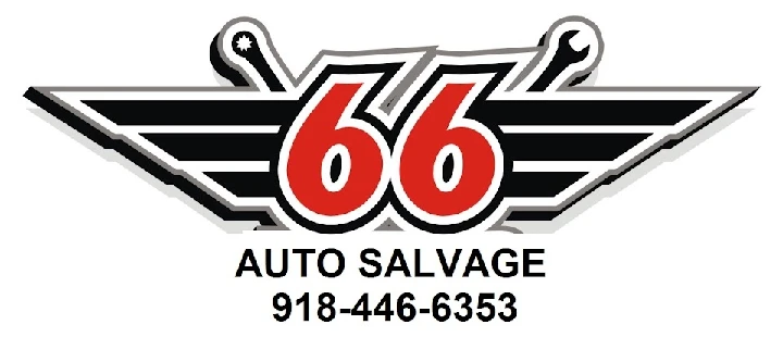 Logo of 66 Auto Salvage with contact number.