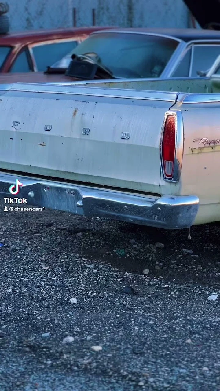 Rear view of an old Ford vehicle in a junkyard.