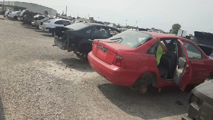 Red and black cars in a salvage yard, people working.