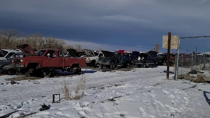 Row of vehicles in a snowy junkyard.