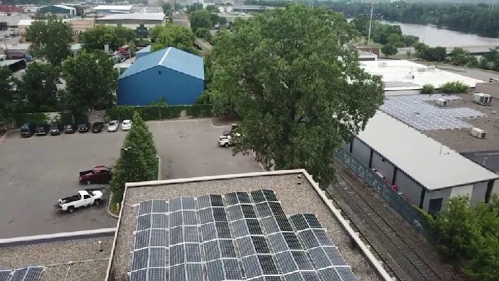 Solar panels on a building in a recycling facility.