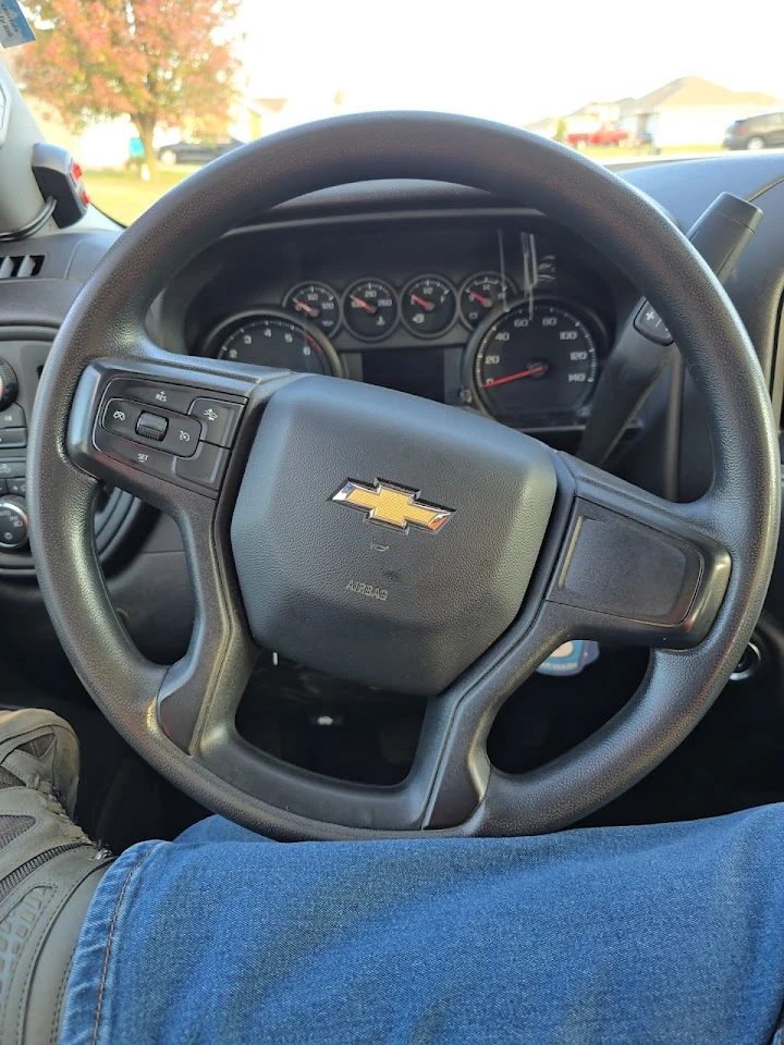 Steering wheel of a Chevrolet vehicle.