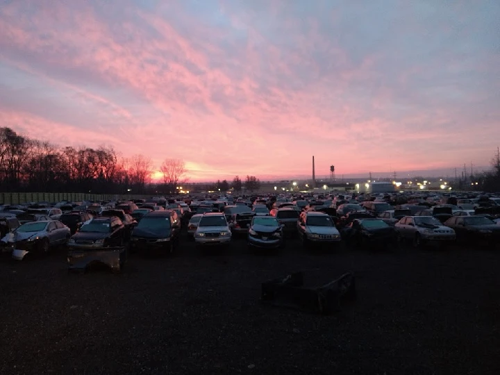 Sunset over a self-serve auto parts yard.