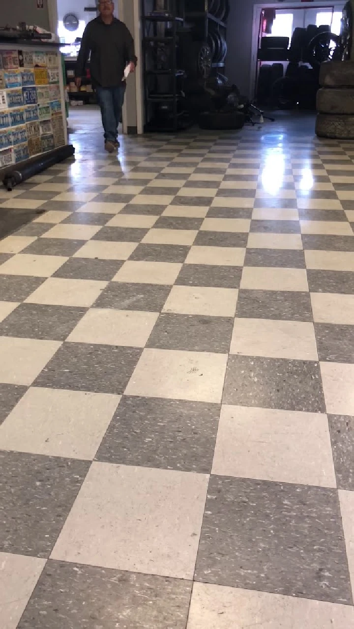 Checkered floor inside B&R Auto Wrecking.